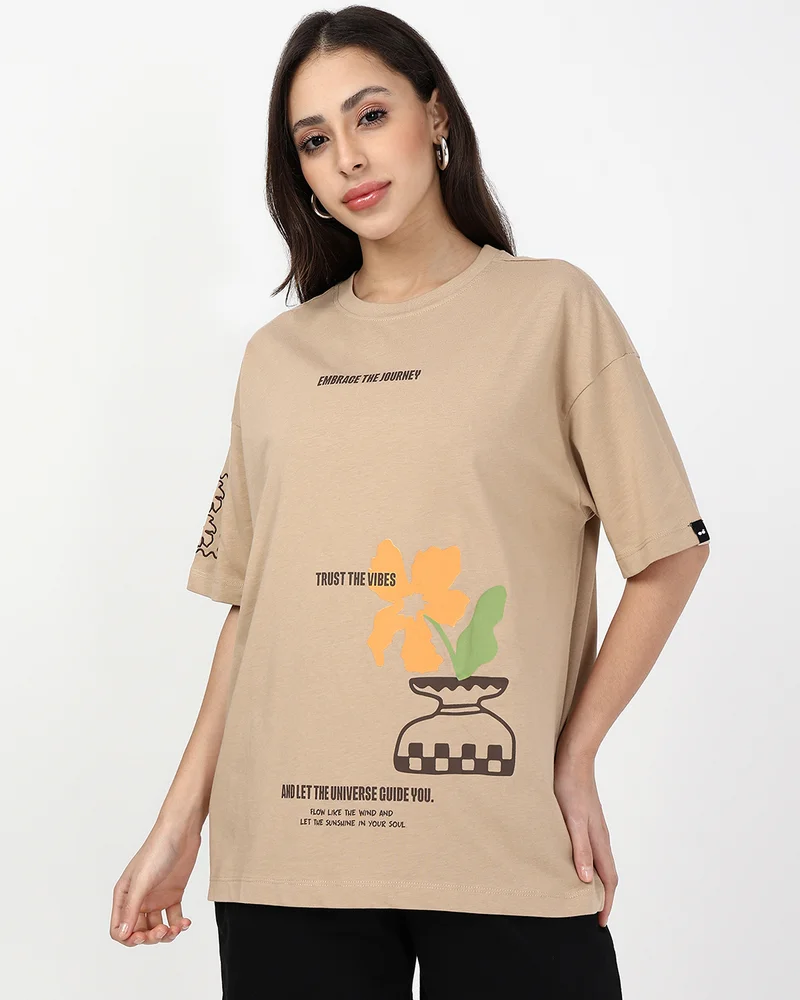 bewakoof Women's Ginger Root Brown Endless Graphic Printed Oversized T-shirt